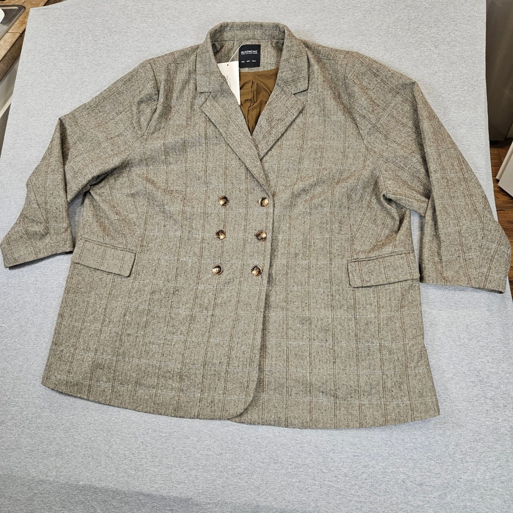 BloomChic Plus Size 30 Brown Herringbone Double Breasted Blazer Windowpane NWT